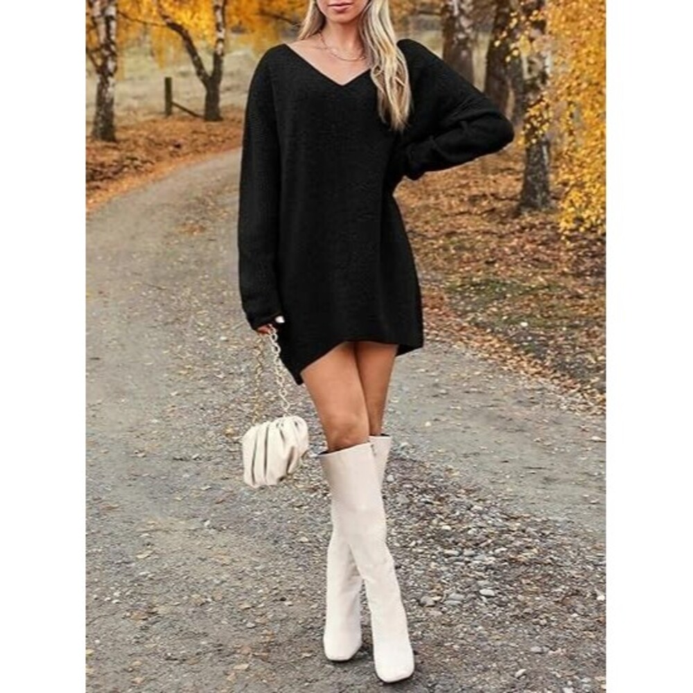 Black Oversized V Neck Knit Mini Sweater Dress Casual Fall Tunic Pullover
